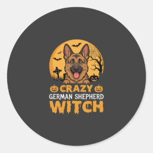 Sticker Rond Conception de sorcière berger allemand fou Hallowe