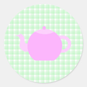 Sticker Rond Conception de théière rose sur chèque vert.