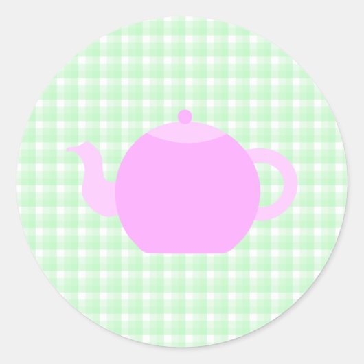Sticker Rond Conception de théière rose sur chèque vert. (Devant)