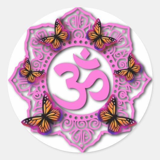Sticker Rond Conception mandala ohm rose avec papillons Monarch (Devant)