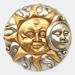 STICKER ROND CONCEPTION MÉTALLIQUE DE LA FUSION DE SOLEIL ET DE
