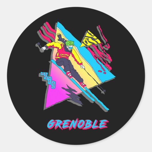 Sticker Rond Conception vibrante de ski avec texte Grenoble Ski (Devant)