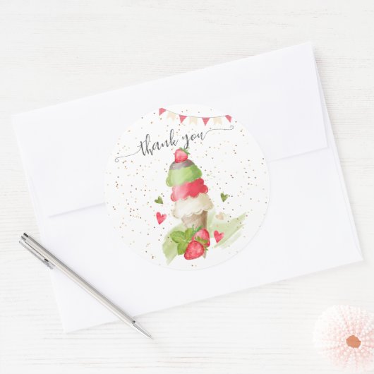Sticker Rond cône crème glacée fraise "merci" (Enveloppe)