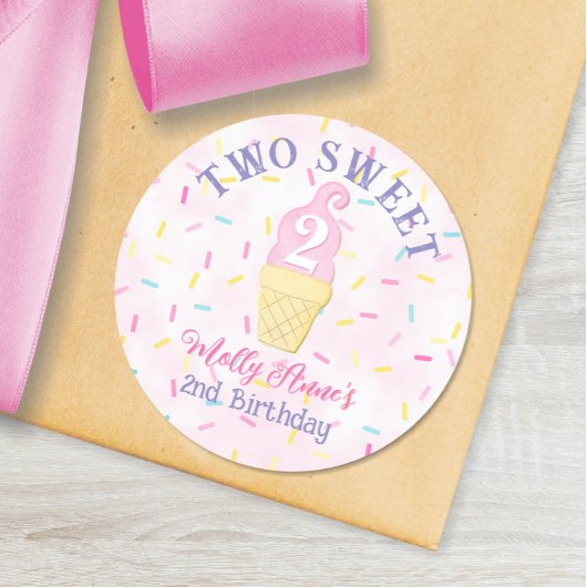 Sticker Rond Cone de crème glacée rose DEUX SWEET 2ème annivers