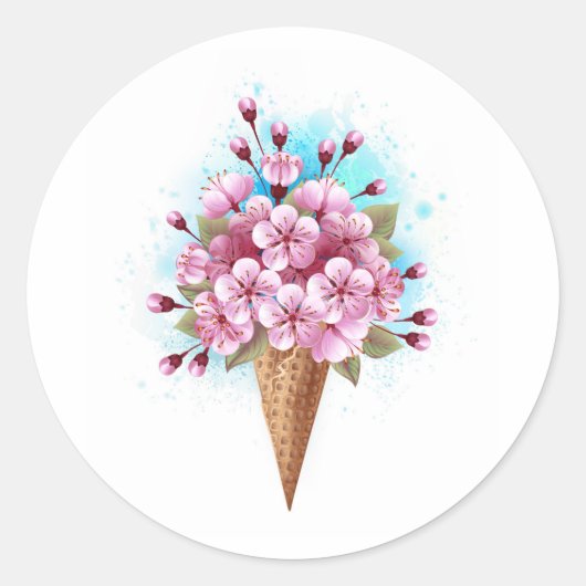 Sticker Rond Cône rose Sakura crème glacée gaufre (Devant)