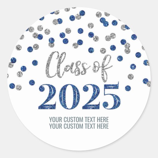 Sticker Rond Confetti Bleu Argent Diplôme 2025 (Devant)
