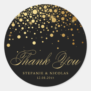 Sticker Rond Confetti Gold Foil Mariage noir Merci