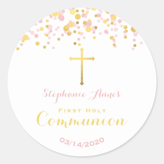 Sticker Rond Confetti rose et or communion (Devant)