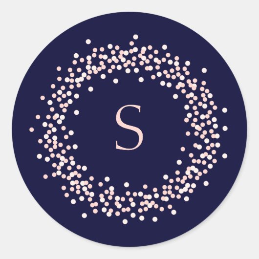 Sticker Rond Confetti rose vif sur bleu marine | Monogramme (Devant)