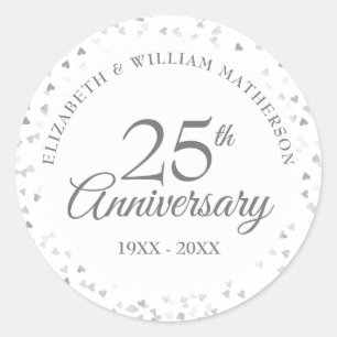 Sticker Rond Confettis de coeurs d'amour argentés pour le 25e a