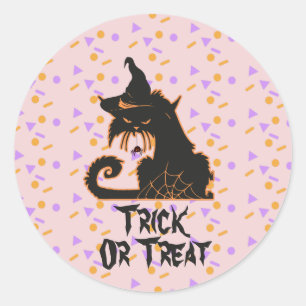 Sticker Rond Confettis de fête de chat noir Halloween rose