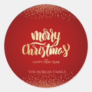 Sticker Rond Confettis dorés Rouge Joyeux Noël