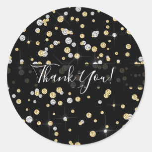 Sticker Rond Confettis Noir avec Strass et Diamants Dorés et Ar