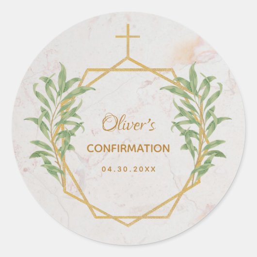 Sticker Rond Confirmation Botanique Vert Or Géométrique (Devant)