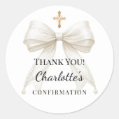 Sticker Rond Confirmation bow ivory pearls cross thank you (Devant)