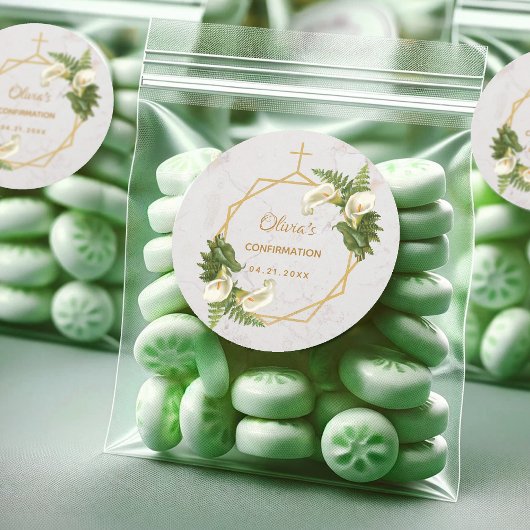 Sticker Rond Confirmation Calla Lilies Fern Floral Gold Marble