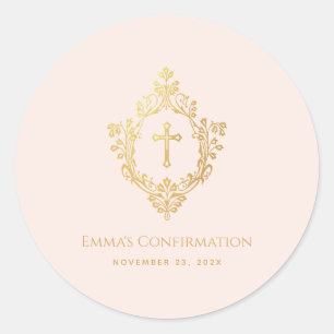 Sticker Rond Confirmation de fille Croix d'or rose Faux en crêt