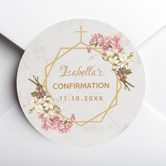 Sticker Rond Confirmation Floral Gold Cross Pink Orchids Marble
