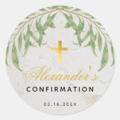 Sticker Rond Confirmation Foliage Marbre Script Faux Gold Cross (Devant)