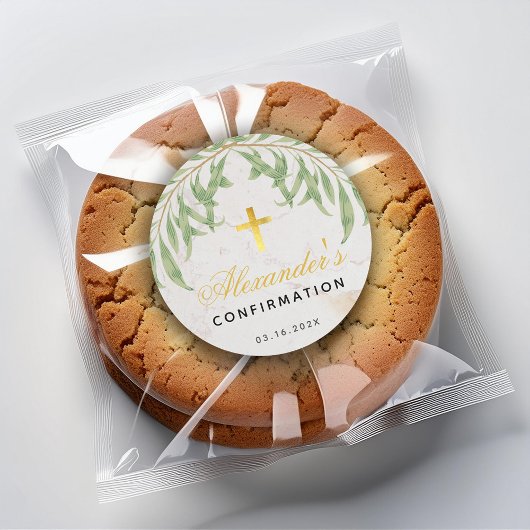 Sticker Rond Confirmation Foliage Marbre Script Faux Gold Cross