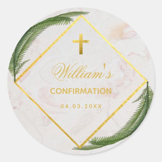 Sticker Rond Confirmation Green Fern Faux Gold Marble Elégant (Devant)