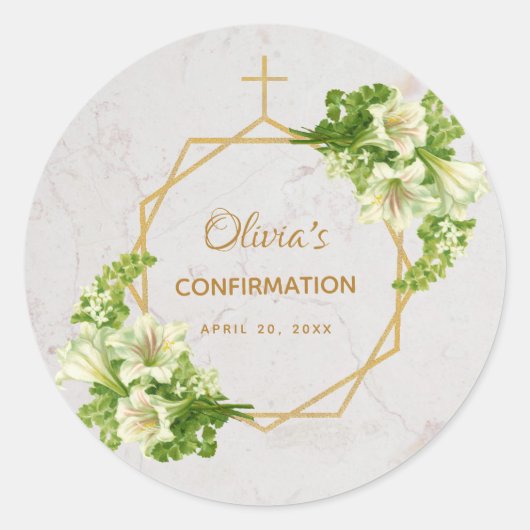 Sticker Rond Confirmation Lys blancs Marbre Gold Cross Floral (Devant)