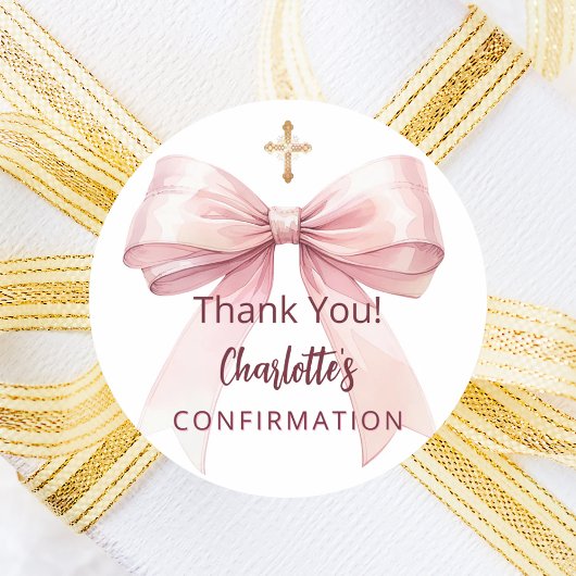 Sticker Rond Confirmation pink bow girl cross thank you