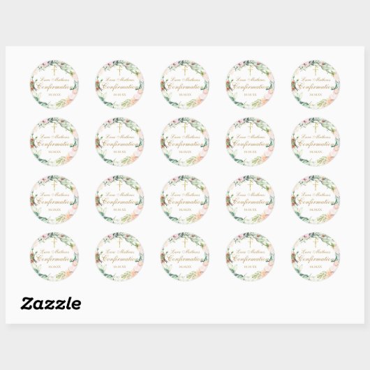 Sticker Rond Confirmation rose Floral Garland Gold Script (Feuille)