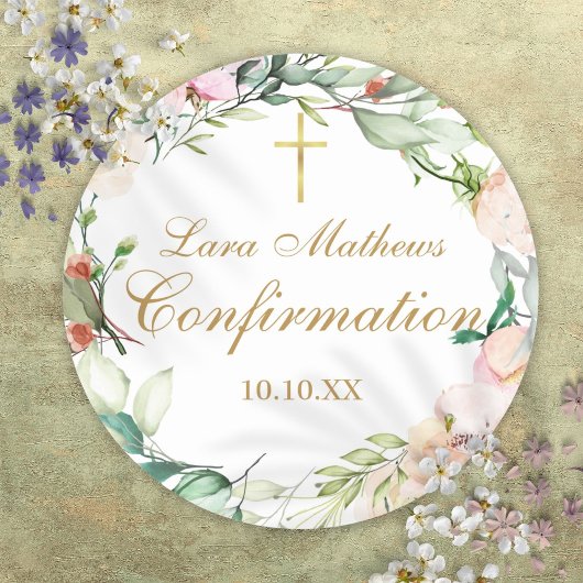 Sticker Rond Confirmation rose Floral Garland Gold Script