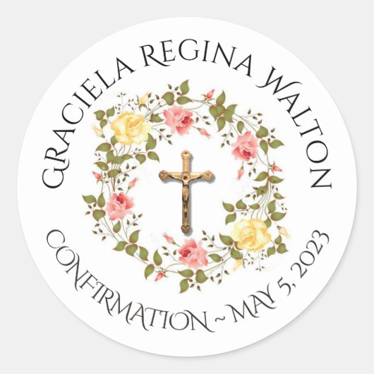 Sticker Rond Confirmation rose florale de crucifix de roses (Devant)