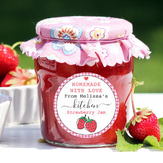 Sticker Rond Confit de Fraises Maison Gingham Rose Rustique