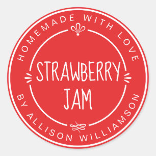 Sticker Rond Confiture de fraise maison rustique en canne rouge