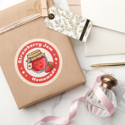 Sticker Rond Confiture de fraises artisanale rouge et beige (Cadeaux)