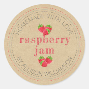 Sticker Rond Confiture de framboise maison rustique en pot en p