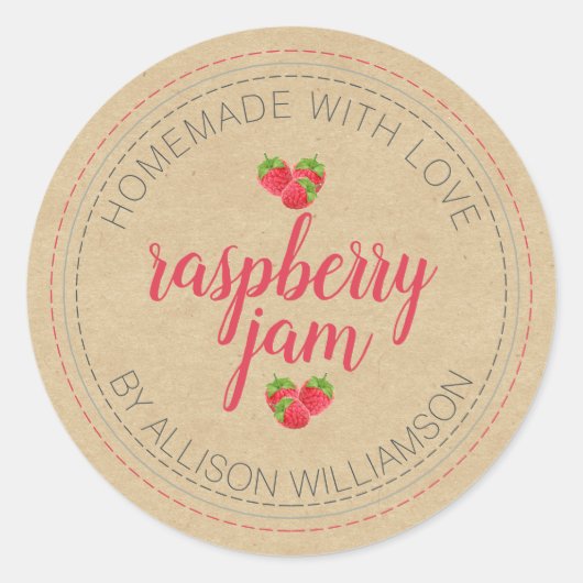 Sticker Rond Confiture de framboise maison rustique peut pot en (Devant)