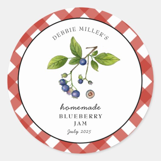Sticker Rond Confiture de Myrtille Gingham Jam. Pot (Devant)