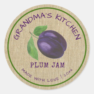 Sticker Rond Confiture de Pruneaux Rustique Faite avec Amour