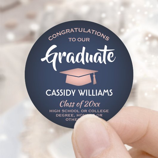 Sticker Rond Congratulations Navy and Pink Rose Gold Graduation
