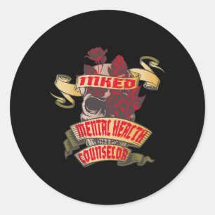 Sticker Rond Conseiller en santé mentale crâne tatoué et roses
