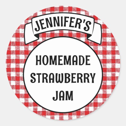 Sticker Rond Conserve Jam Jelly Jar Red Plaid En vichy Étiquett (Devant)