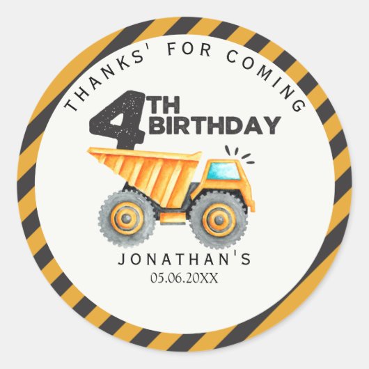 Sticker Rond Construction Birthday Party 4 Years (Devant)