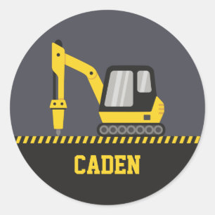 Sticker Rond Construction Yellow Excavator Breaker Nom des enfa