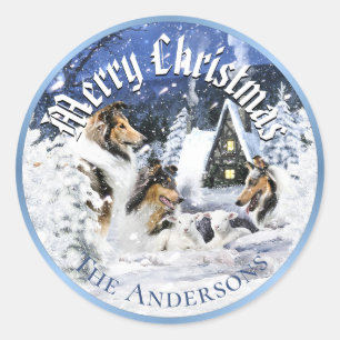 Sticker Rond Conte de fées hivernal de Noël, Colleys et agneaux