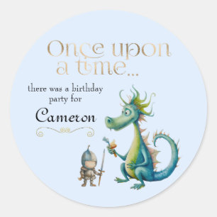 Sticker Rond Conte de fées pour enfants Dragon et Chevalier Ble