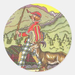 Sticker Rond Conte de fées vintage, garçon et vent du nord, Hau