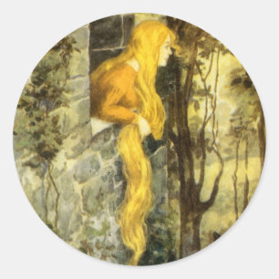Sticker Rond Conte de fées vintage, Rapunzel avec cheveux longs