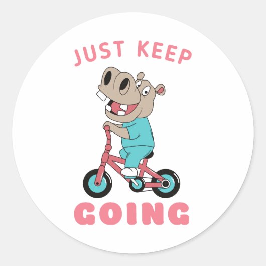 Sticker Rond Continuez Juste À Faire De Mignons Hippos À Vélo (Devant)