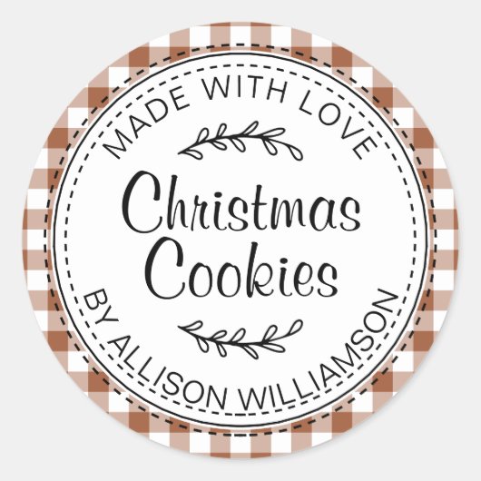 Sticker Rond Cookies de Noël maison rustiques TerraCotta Check (Devant)