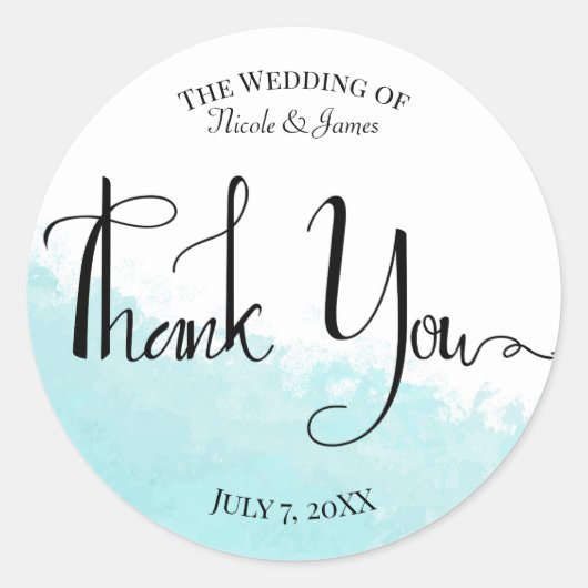 Sticker Rond Cool Aqua Blue Wave Splash Wedding Merci (Devant)