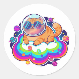 Sticker Rond Cool Astronaut Orange Cat in Space on Rainbow Clou